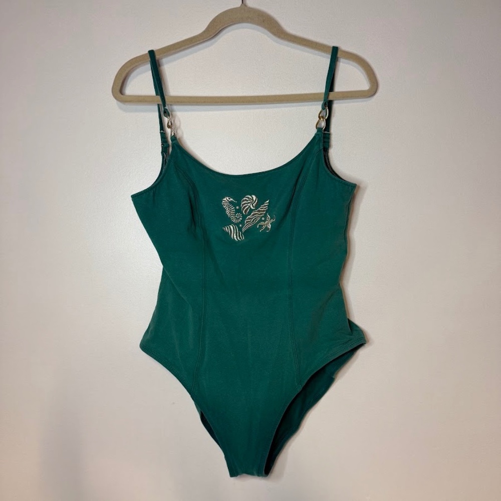 Vintage One Piece Swimsuit Embroidered Sea Creature Green 90s Sessa Open Back